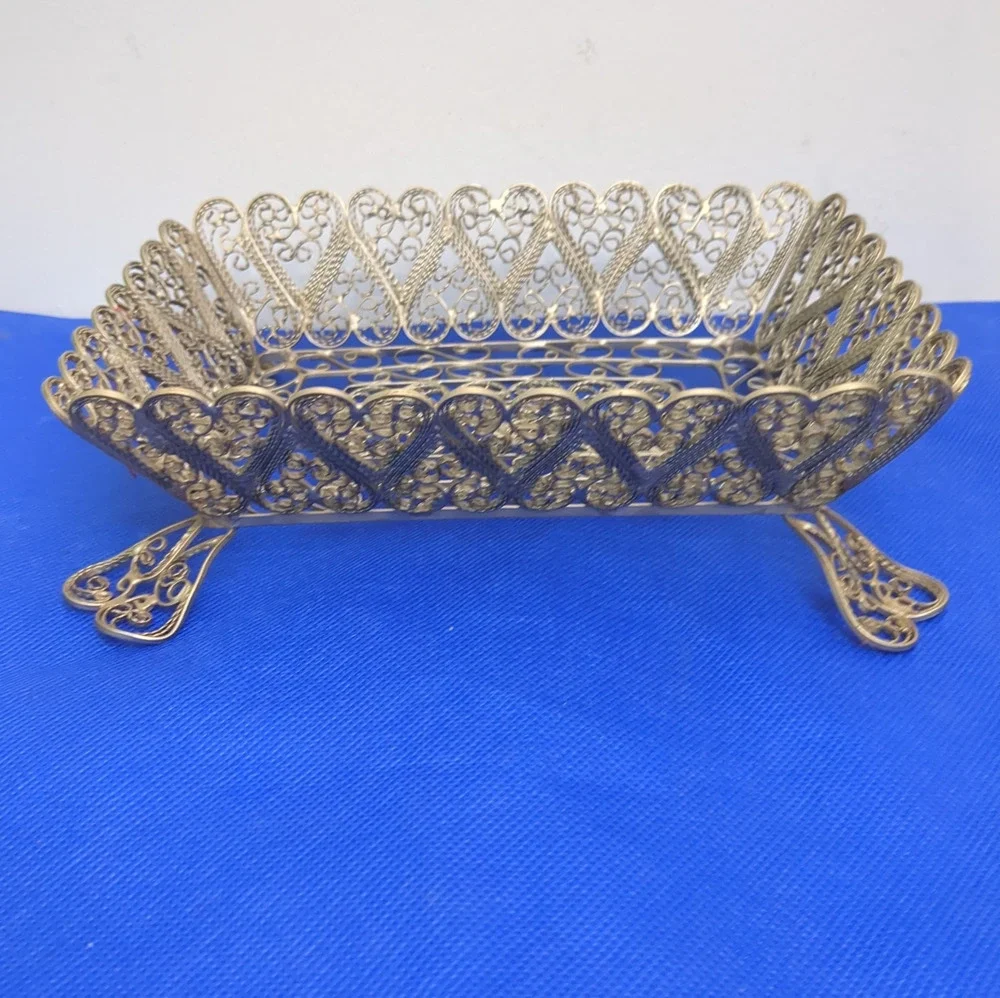 VTG USSR Silver Tone Filigree Wire Candy Flower Petal Basket with Feet Hearts